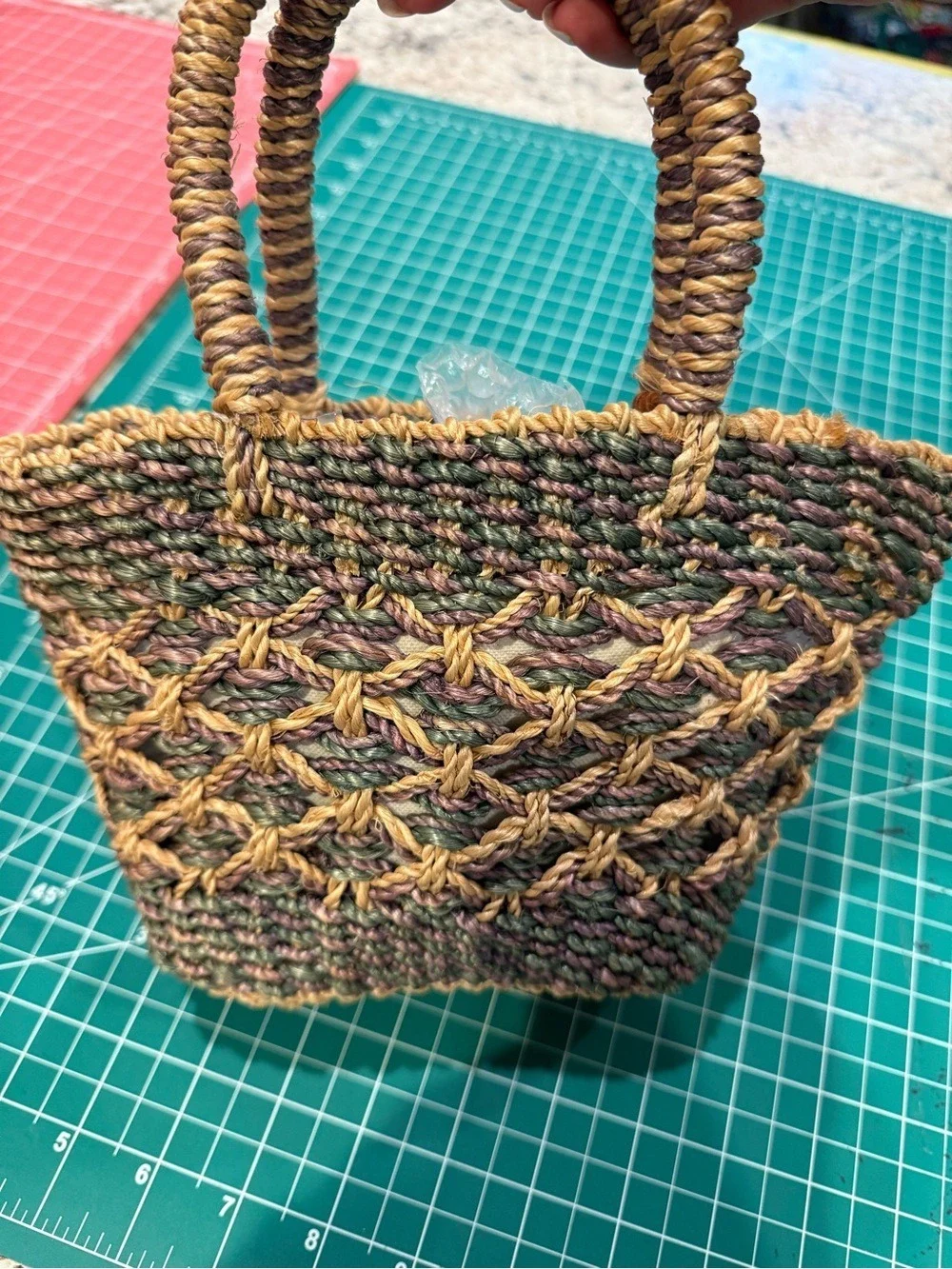 Nine West Woven Straw Mini Tote Purse Neutral Green Tan Open Weave Beach Bag